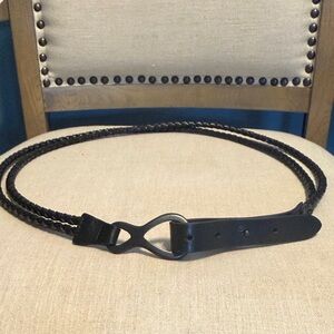 Black Braided Leather Slim Belt with Metal Loop